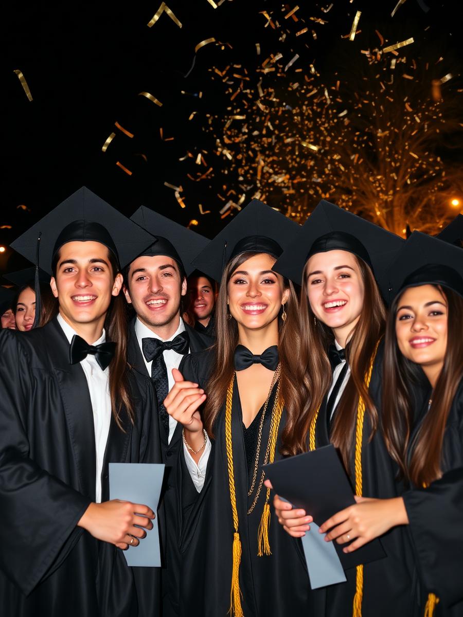 Graduados celebrando con confeti dorado