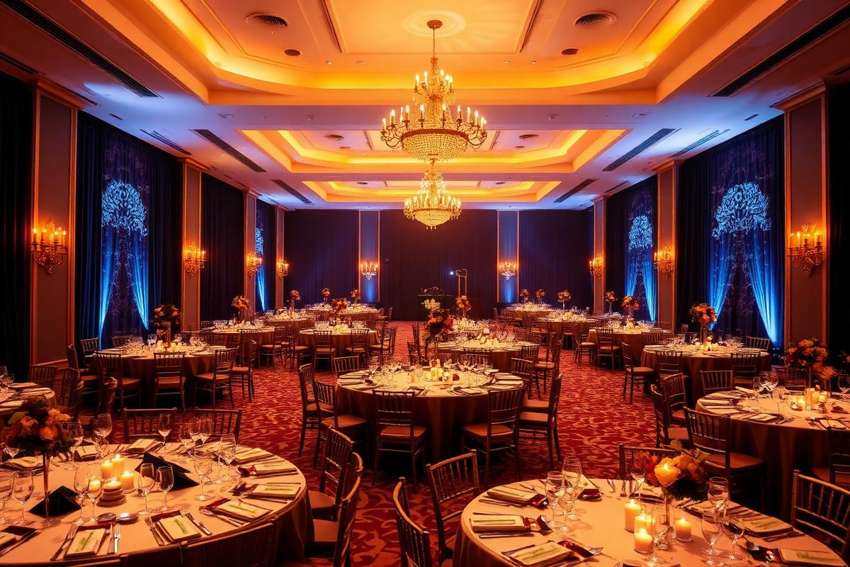 Salón de gala iluminado con arañas de cristal